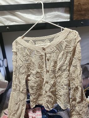 Lightweight Beige Open-Knit Button-Front Cardigan